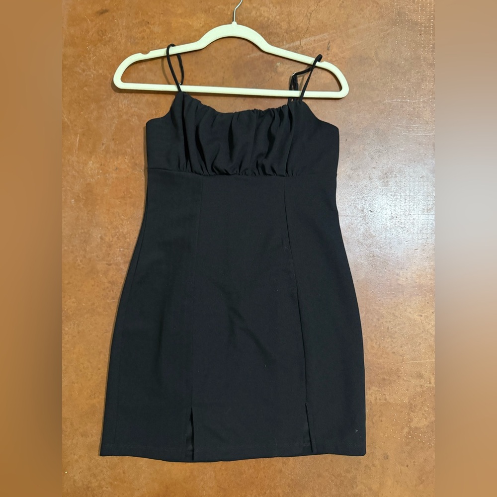 Sleek Black Mini Dress with Ruched Bust and Spaghetti Straps